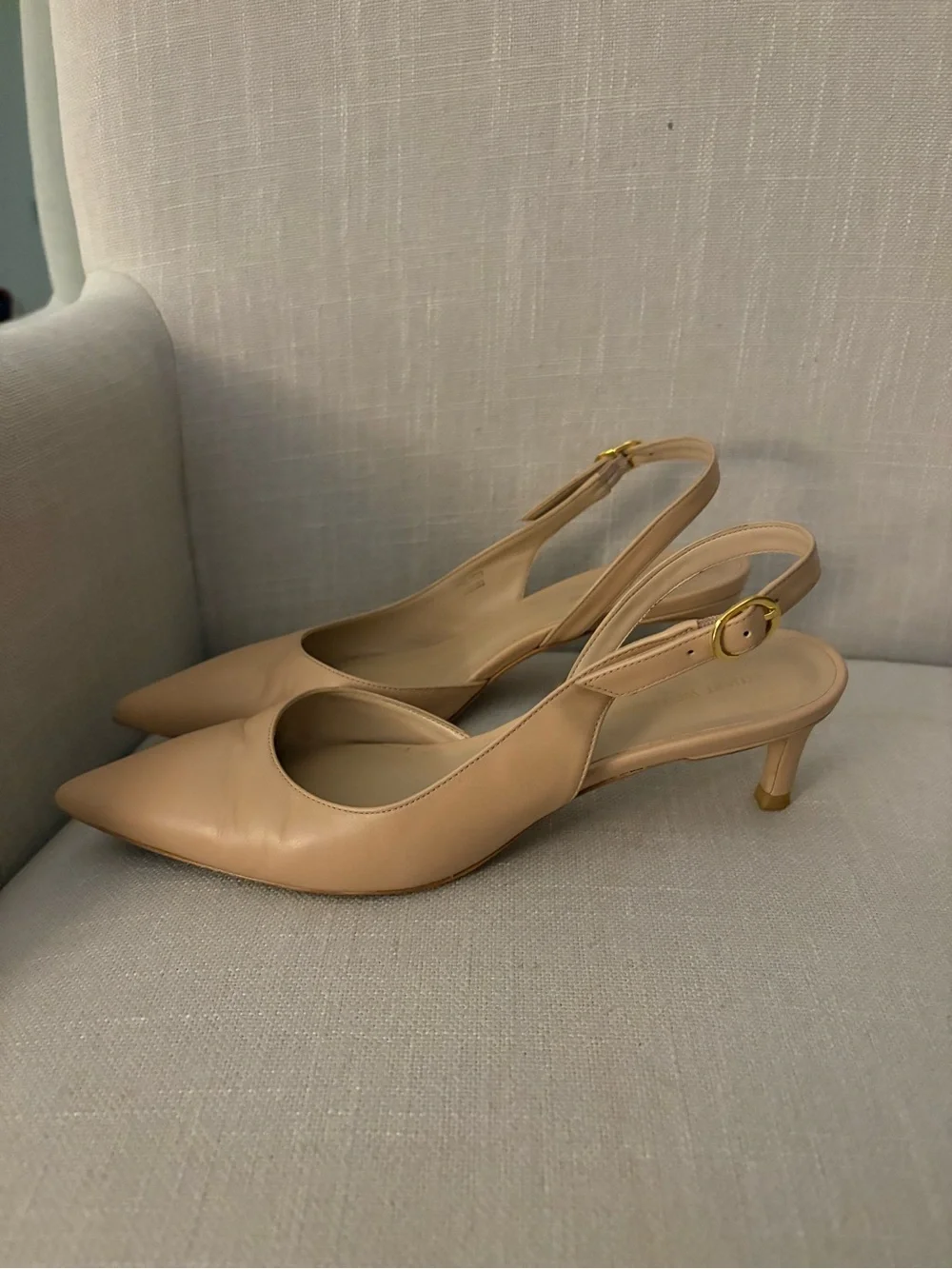 Stuart Weitzman Nude Pointed-Toe Slingback Kitten Heels